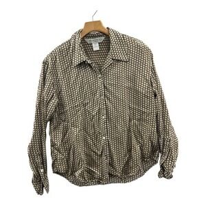 Austin Reed Silk Blouse Womens 10 Tan Black Geometric Square Button Down